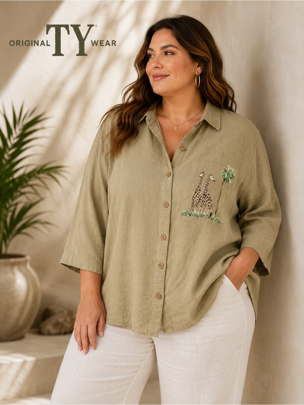 Original TY Wear Linen Blend Giraffe Embroidered Button Shirt Women’s 20W C5